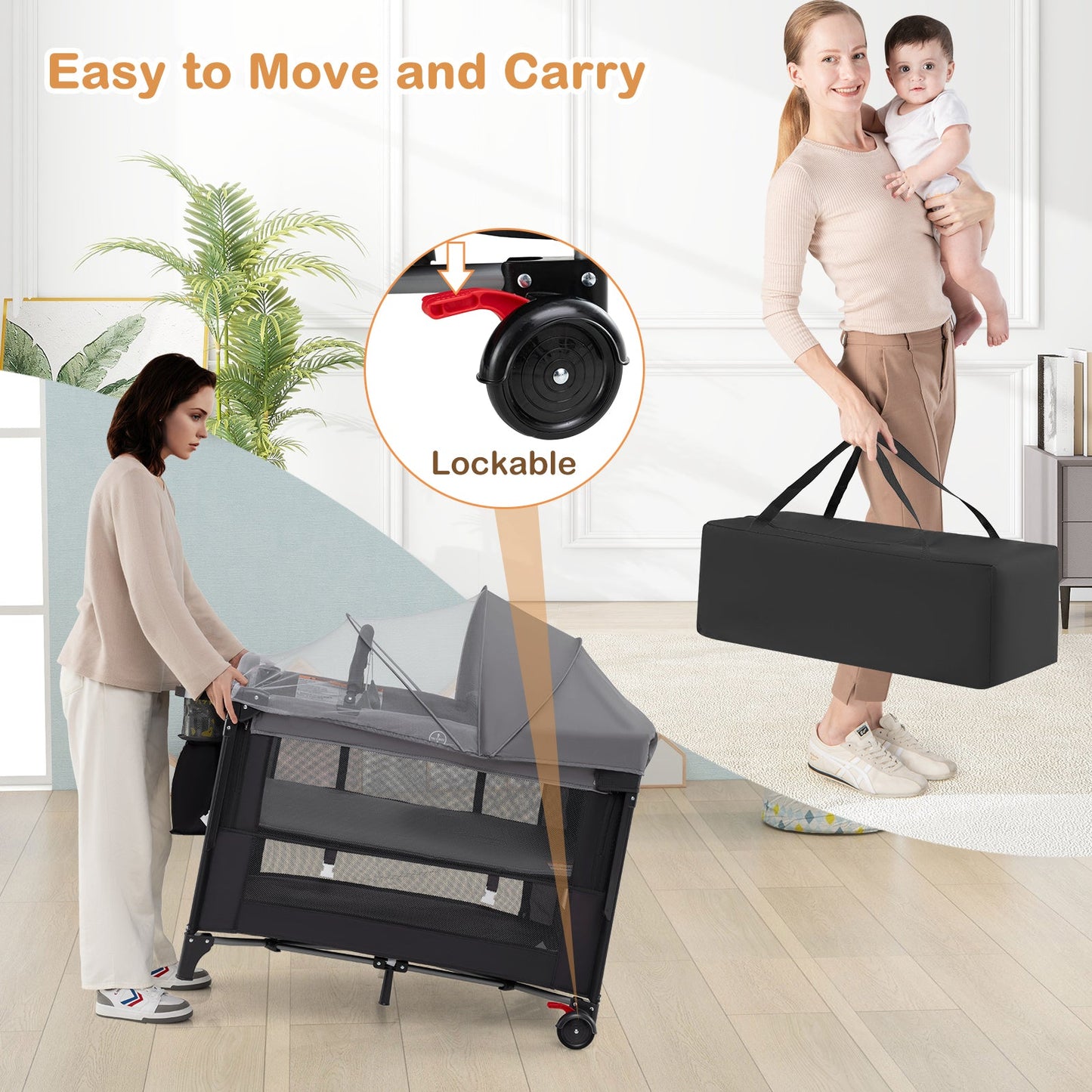 Foldable Baby Bassinet with Adjustable Heights Changing Table Mattress