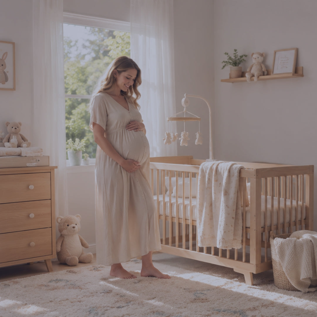 Pregnant woman standing in a nursery room with wooden crib and dresser.
