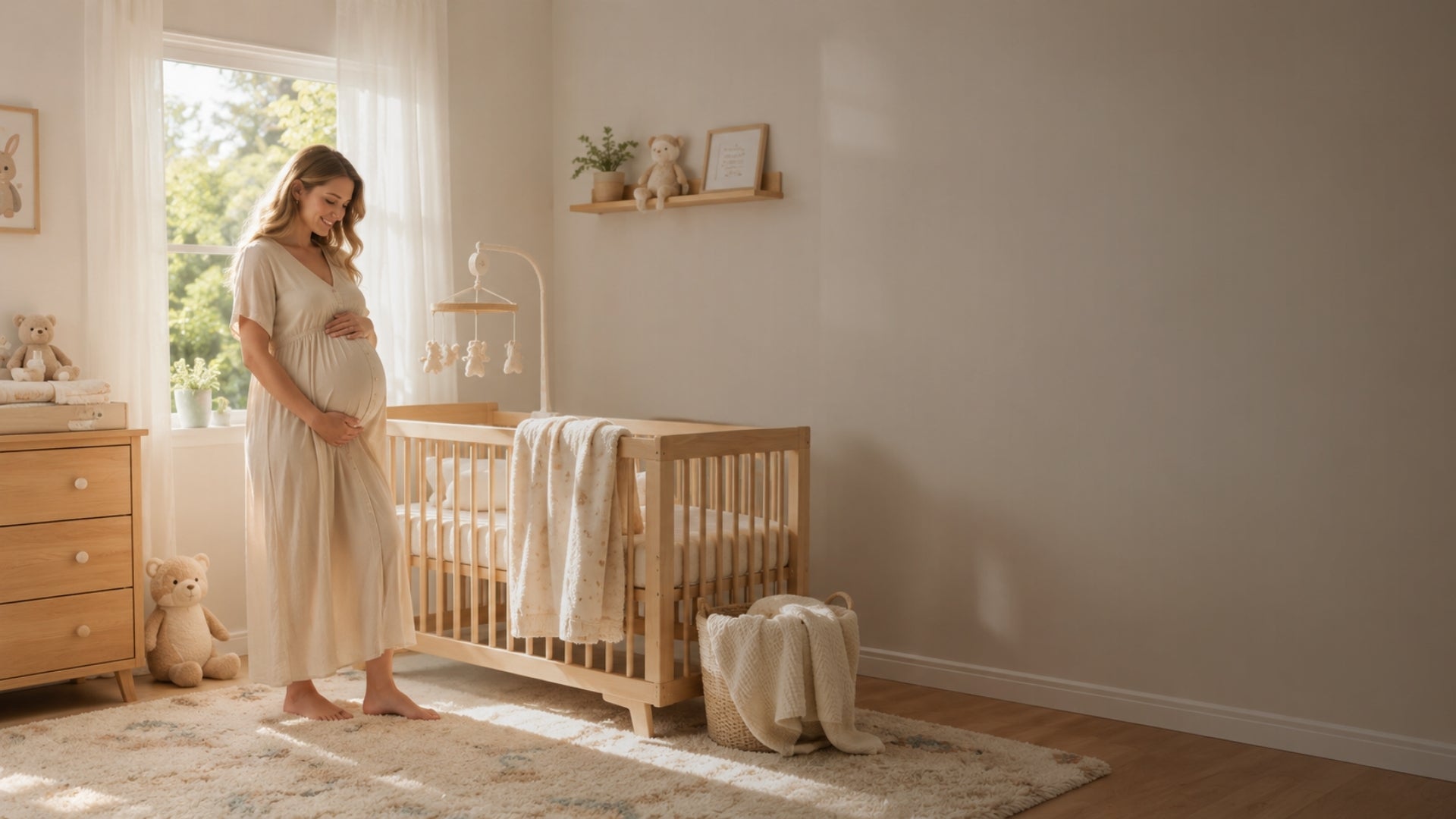 Pregnant woman standing in a nursery room with wooden crib and dresser.