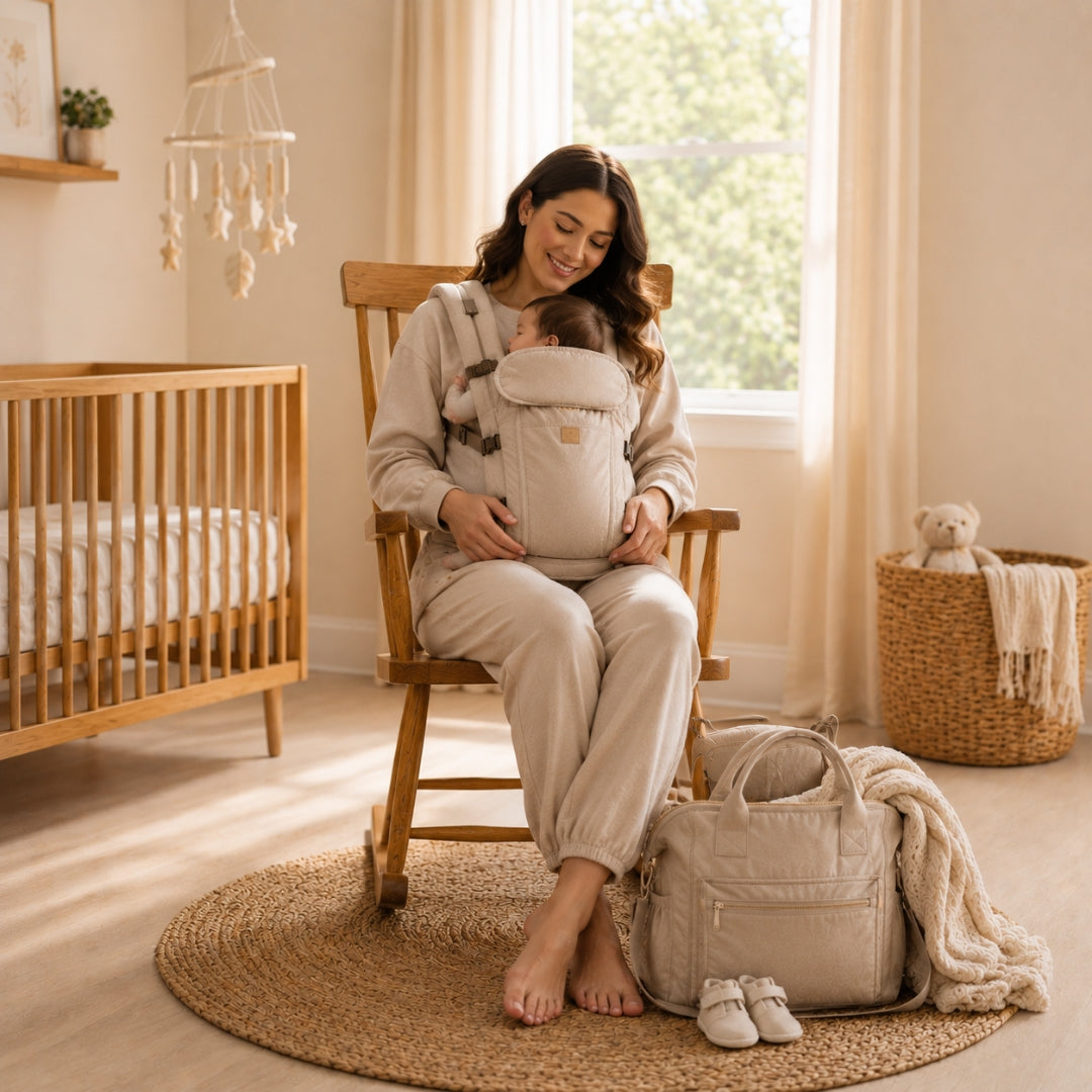 Woman sitting in a chair holding a baby in a carrier in a nursery.