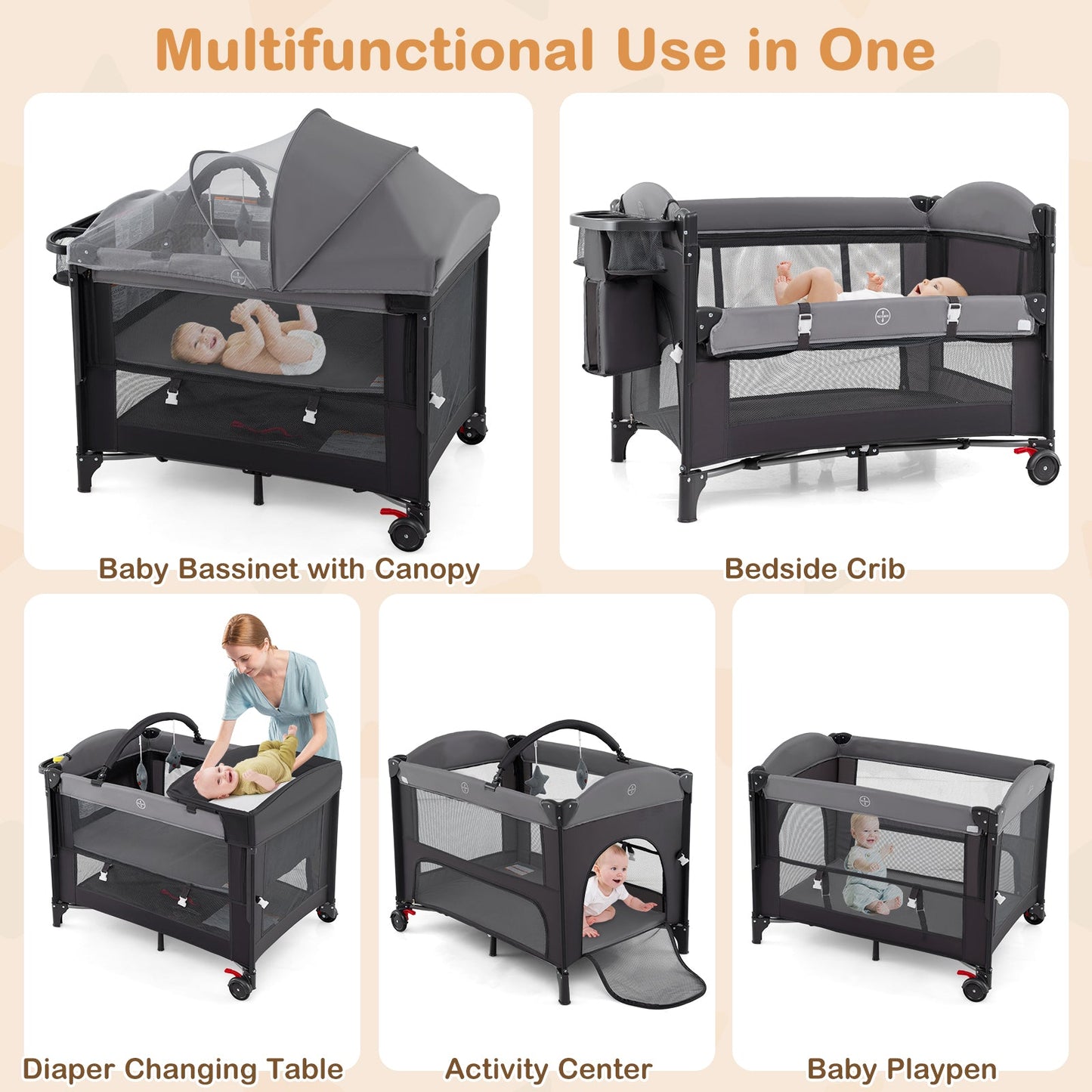 Foldable Baby Bassinet with Adjustable Heights Changing Table Mattress