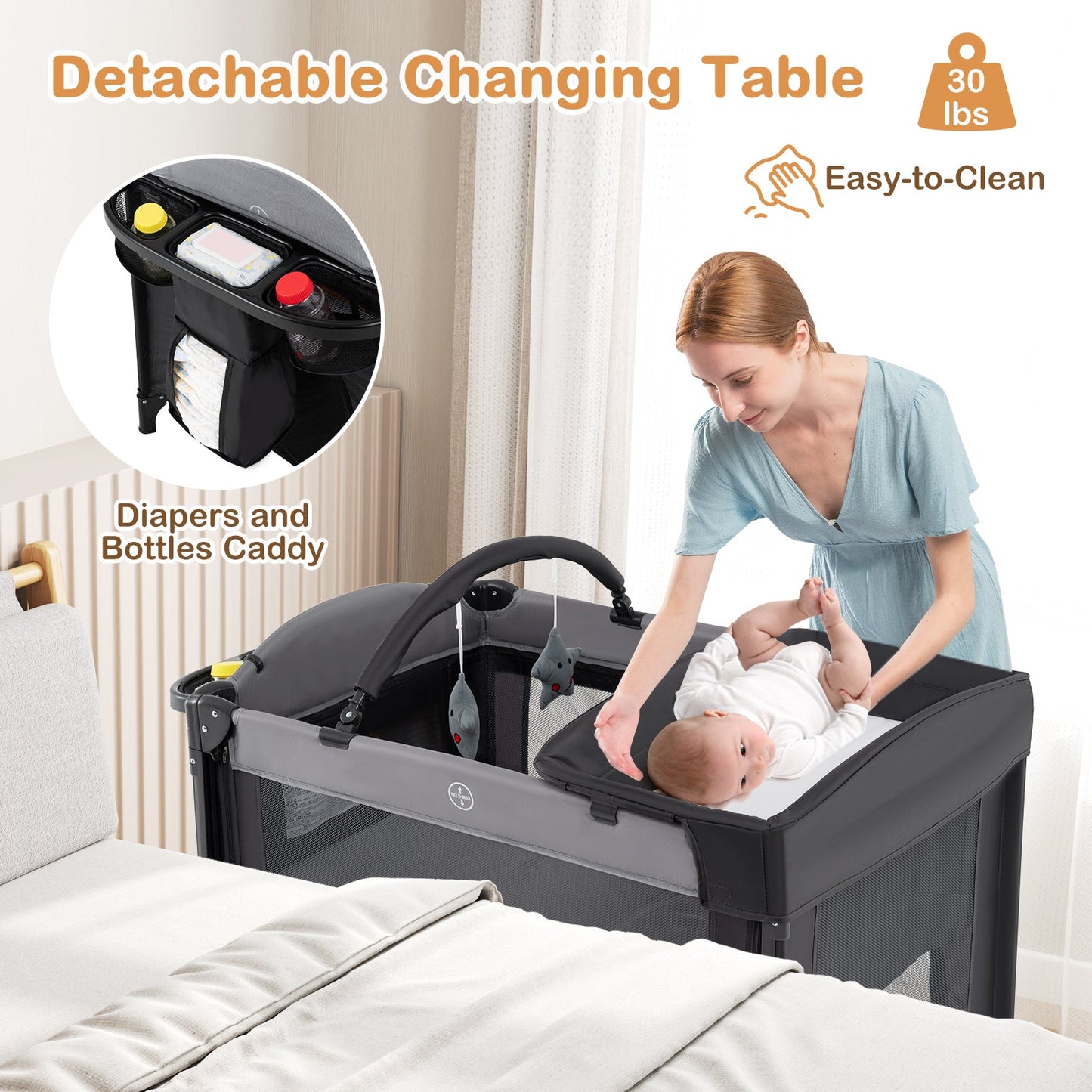 Foldable Baby Bassinet with Adjustable Heights Changing Table Mattress