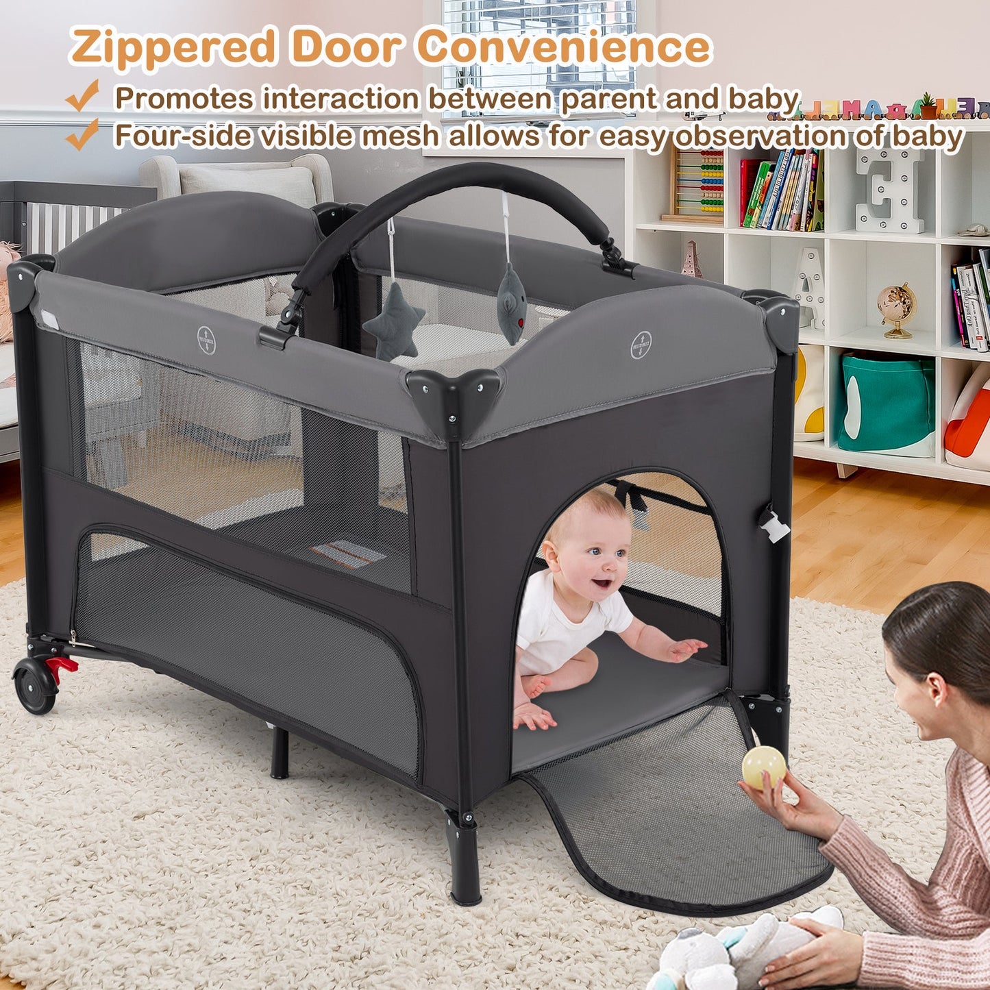 Foldable Baby Bassinet with Adjustable Heights Changing Table Mattress