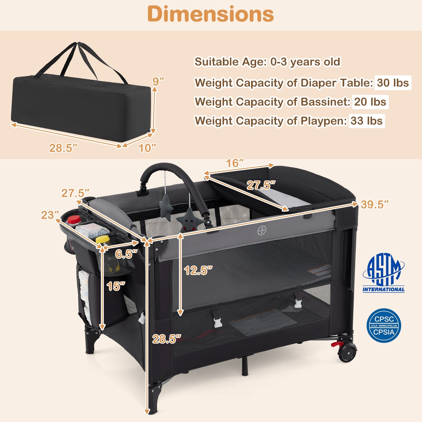 Foldable Baby Bassinet with Adjustable Heights Changing Table Mattress