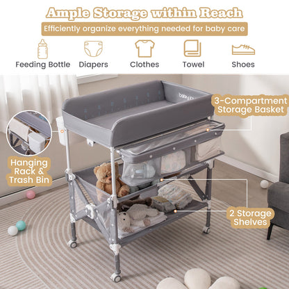 Portable Baby Changing Table with Wheels and Large Storage Rack