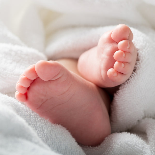 Close-up of a baby's feet wrapped in soft white fabric