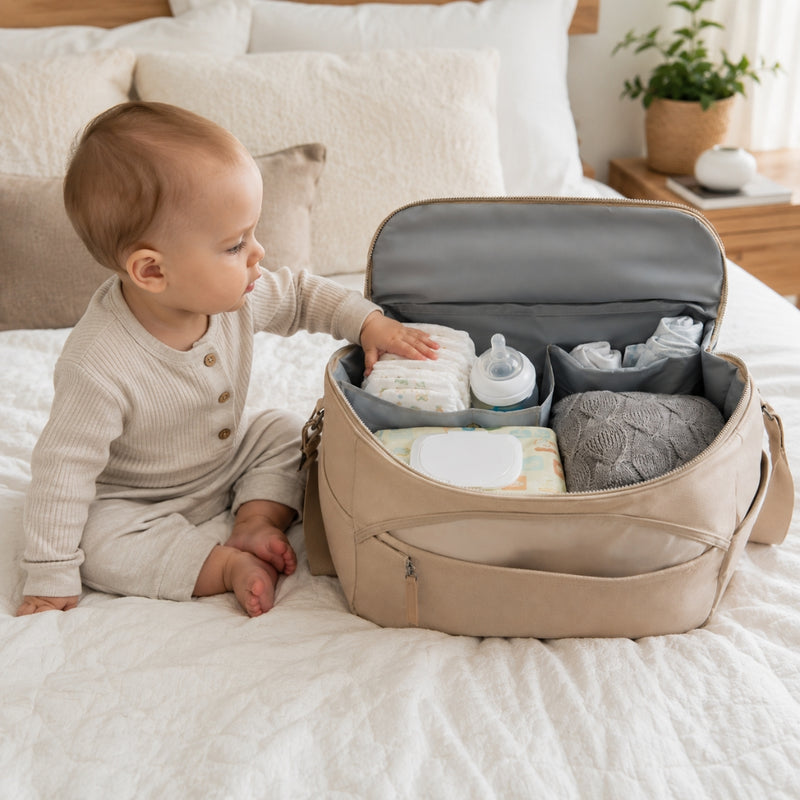 Baby sitting on a bed next to an open beige diaper bag filled with baby items.