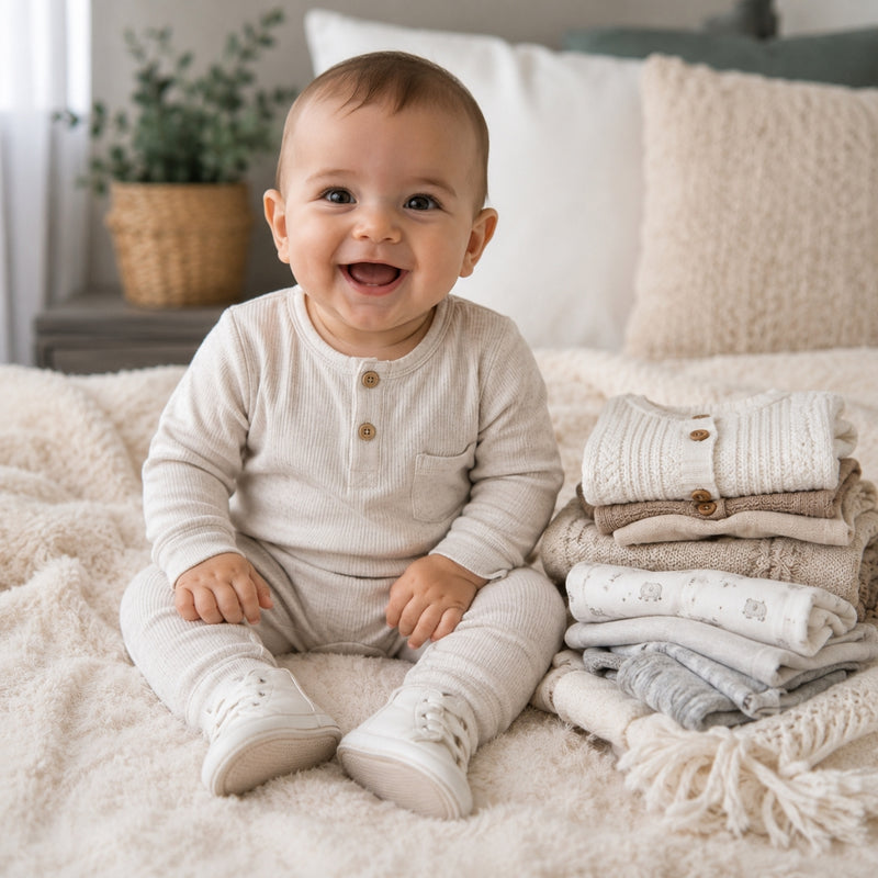 Baby sitting on a bed with a pile of folded clothes in a cozy room.
