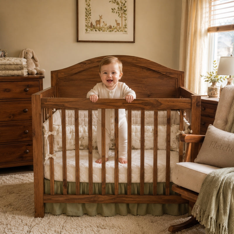 Child standing in a wooden crib in a nursery with a dresser and chair in the background.