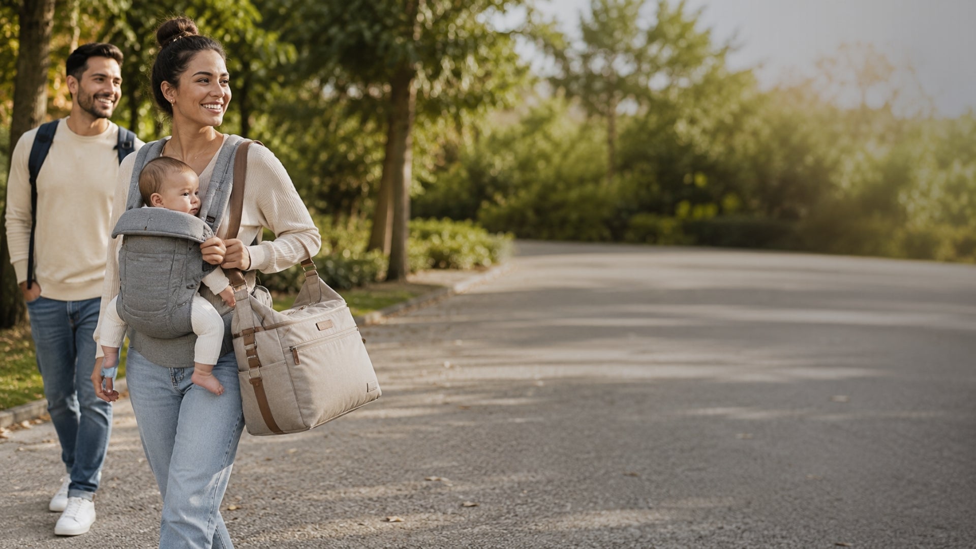Woman walking with a baby in a carrier and a man following, on a path with greenery.