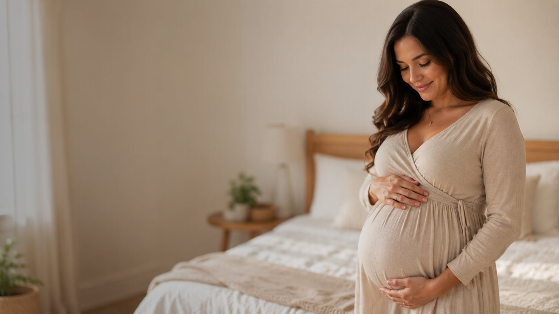 Pregnant woman in a beige dress standing in a bedroom.
