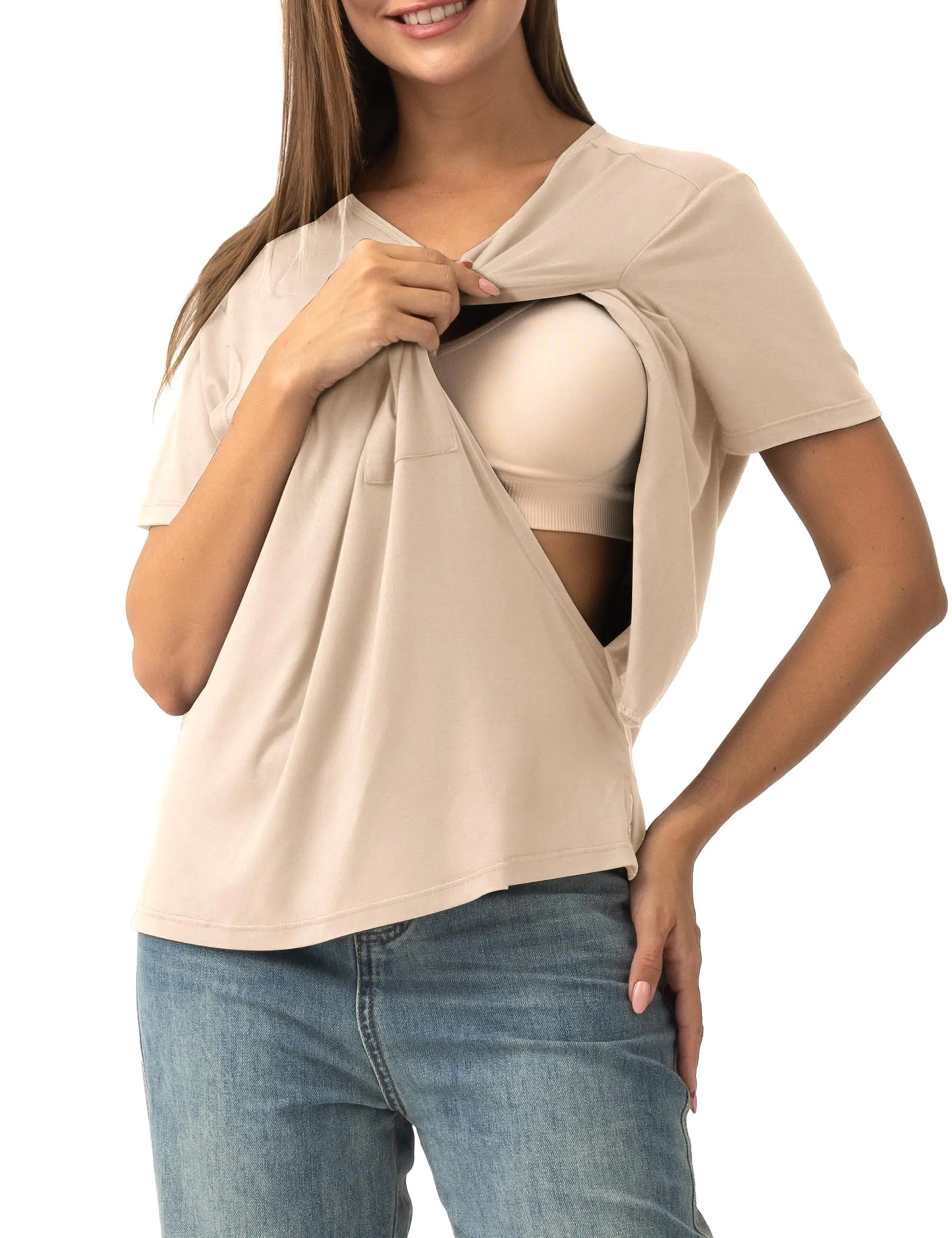 Women's Short Sleeve Nursing Top Double Layer Breastfeeding Maternity Shirt