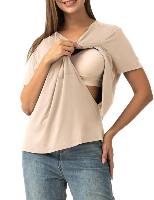 Women's Short Sleeve Nursing Top Double Layer Breastfeeding Maternity Shirt